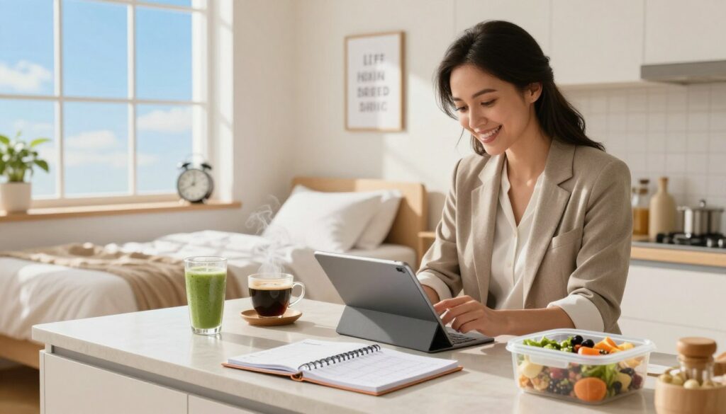A bright and inviting morning kitchen scene, illustrating essential daily life hacks for productive morning and evening routines. In the foreground, a well-organized kitchen counter displays a variety of items: a planner, a cup of steaming coffee, a smoothie, and a meal prep container. A cheerful individual in professional attire, focused on arranging their schedule on a digital tablet, symbolizes productivity. In the middle ground, a neatly made bed with a glowing alarm clock and a motivational quote framed on the wall adds a calming touch. The background features a sunlit window showing a clear blue sky, illuminating the entire scene with warm, natural light. The atmosphere is vibrant and energetic, promoting positivity and efficiency, designed to inspire readers to implement these life hacks into their routines.