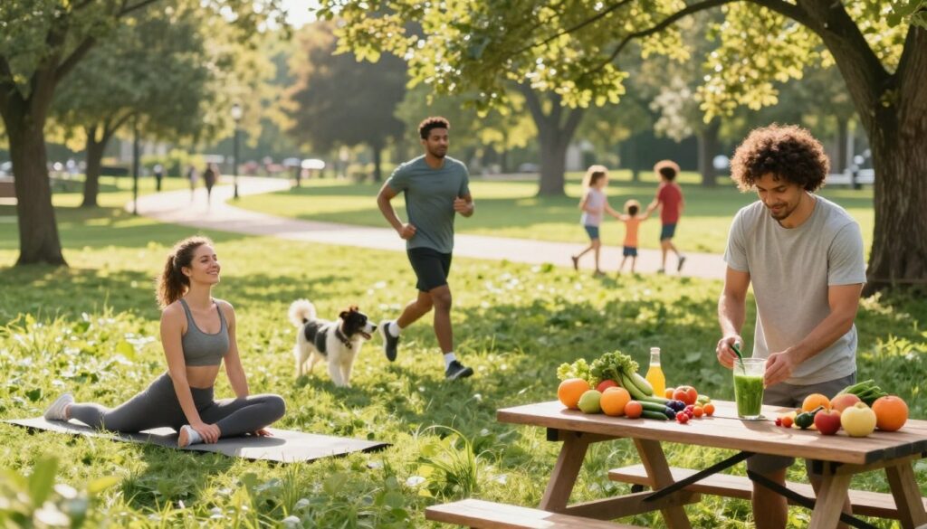 A bright and inviting scene showcasing the essence of a healthy lifestyle. In the foreground, a diverse group of three individuals is engaging in a joyful outdoor workout—one person is practicing yoga on a mat, another is jogging with a dog, and the third is preparing a fresh smoothie at a picnic table. The middle ground features a beautifully arranged spread of colorful fruits and vegetables, emphasizing nutrition. Lush greenery surrounds the area, with soft sunlight filtering through the trees, creating a warm and uplifting atmosphere. In the background, a serene park landscape with walking paths and cheerful families enjoying various activities adds to the overall sense of well-being. The image should have a soft focus with natural lighting, conveying a vibrant, healthy lifestyle mood.