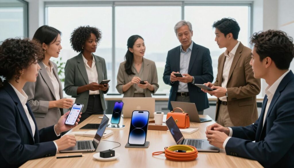 A dynamic scene showcasing various viral products trending in the US today. In the foreground, a diverse group of professionals in business attire eagerly discussing innovative gadgets and trending items, with one holding a smartphone displaying a popular app interface. In the middle, an array of eye-catching products like sleek tech devices, trendy fashion accessories, and unique home goods, arranged artfully on a polished table. In the background, a modern office environment with large windows allowing soft natural light to flood in, creating an inviting atmosphere. The composition should evoke a sense of excitement and discovery, captured from a slightly elevated angle to emphasize the products and the engaged discussion.