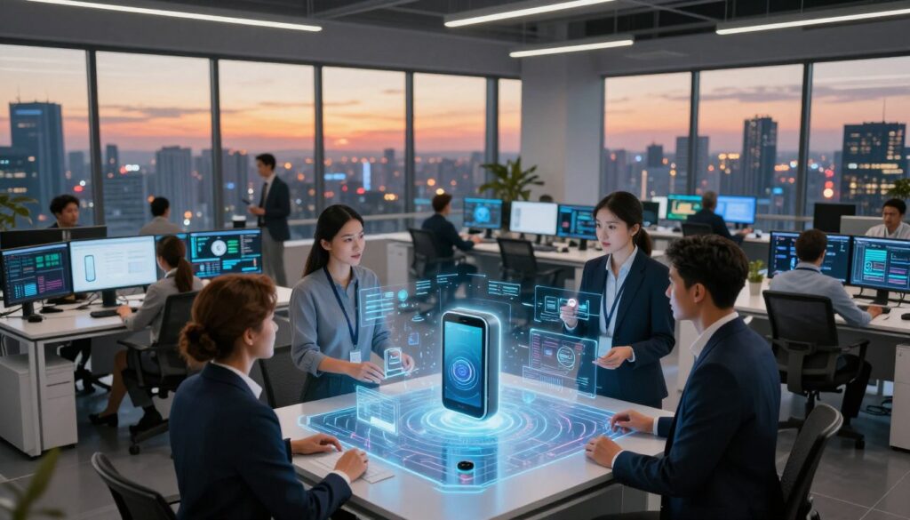 A futuristic office environment, showcasing a diverse group of professionals in modern business attire collaborating on cutting-edge technology. In the foreground, a mixed-gender team is gathered around a holographic interface displaying 3D models of smart devices and AI systems, engaged in discussion. The middle ground features sleek computer workstations with multiple monitors, highlighting data analytics and virtual reality setups. The background opens up to a panoramic view of a city skyline, enhanced by adaptive lighting that simulates sunset colors, creating a vibrant atmosphere. Use a wide-angle lens to capture the full scope of innovation and collaboration, with warm, welcoming lighting to evoke a sense of progress and optimism in the tech landscape of 2024. A futuristic office environment, showcasing a diverse group of professionals in modern business attire collaborating on cutting-edge technology. In the foreground, a mixed-gender team is gathered around a holographic interface displaying 3D models of smart devices and AI systems, engaged in discussion. The middle ground features sleek computer workstations with multiple monitors, highlighting data analytics and virtual reality setups. The background opens up to a panoramic view of a city skyline, enhanced by adaptive lighting that simulates sunset colors, creating a vibrant atmosphere. Use a wide-angle lens to capture the full scope of innovation and collaboration, with warm, welcoming lighting to evoke a sense of progress and optimism in the tech landscape of 2024.