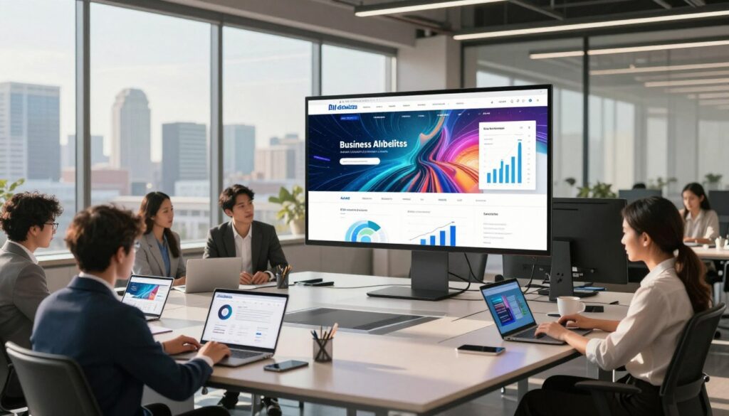 A sleek, modern office environment showcasing the impact of AI websites on business growth. In the foreground, a diverse group of professionals in business attire interact with laptops and tablets, examining various AI-driven web designs. The middle ground features a large digital screen displaying analytics and vibrant imagery of successful AI websites, with graphs and charts indicating growth. The background reveals a panoramic city skyline through large glass windows, bathed in warm, natural light to enhance the inviting atmosphere. The overall mood is dynamic and optimistic, reflecting innovation and collaboration in the tech-driven business world. Utilize a wide-angle lens to capture the expansive feel of the workspace.